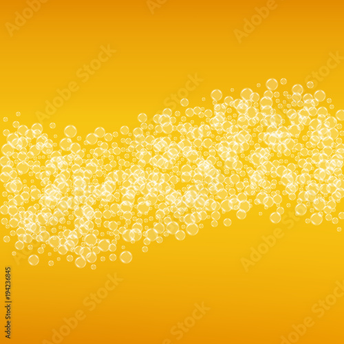 Beer background with realistic bubbles. Cool beverage for restaurant menu design, banners and flyers. Yellow square beer background with white frothy foam. Cold pint of golden lager or ale.