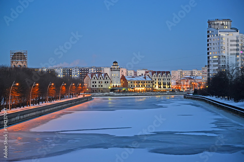 Evening view of the Pregolya River and Fish village in the winter. Kaliningrad