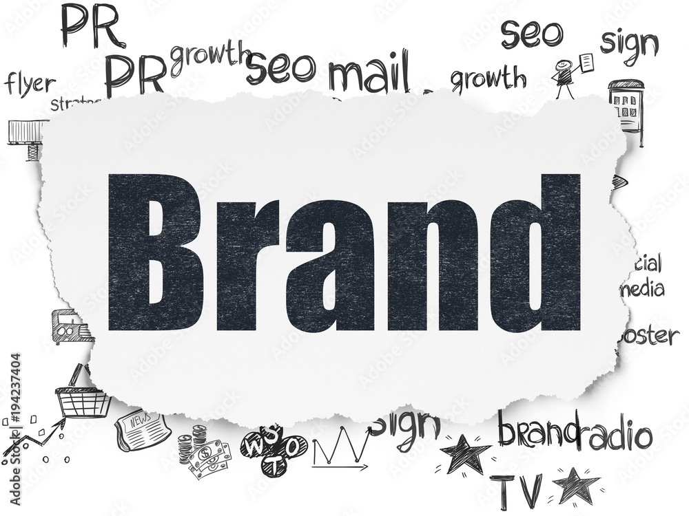 Fototapeta premium Marketing concept: Painted black text Brand on Torn Paper background with Hand Drawn Marketing Icons