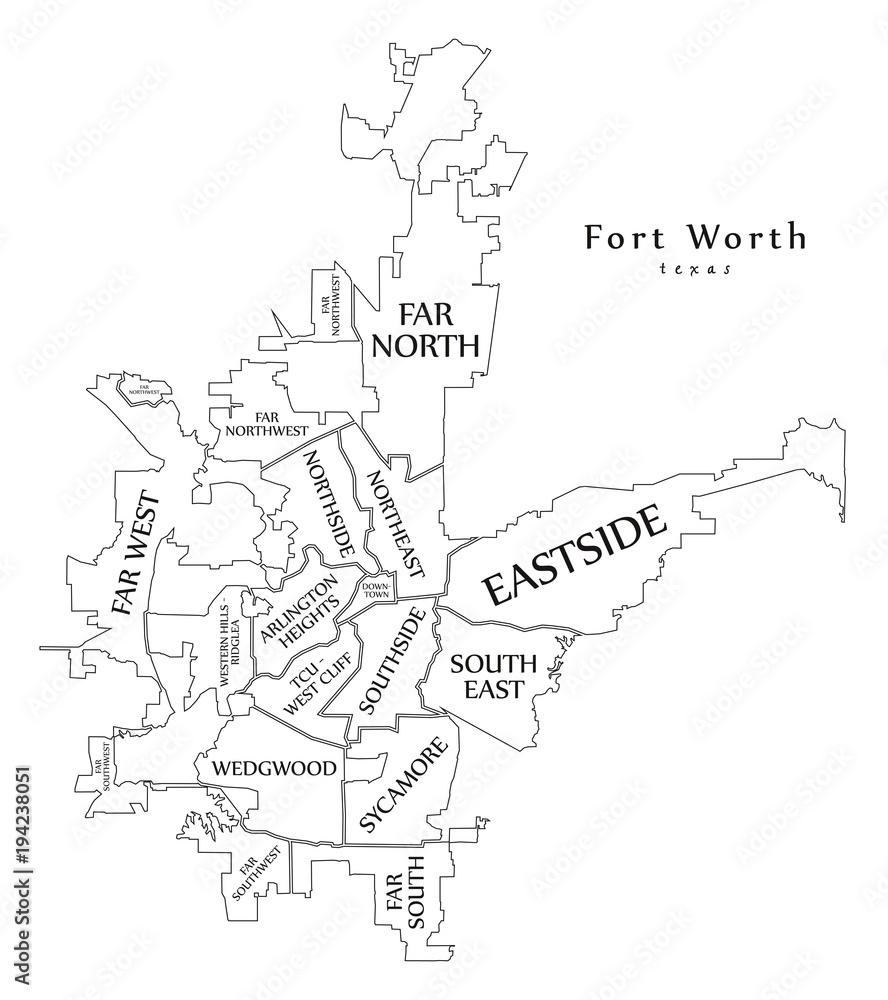 Fort Worth Neighborhoods Map Modern City Map - Fort Worth Texas City Of The Usa Neighborhoods And Titles  Outline Map Stock Vector | Adobe Stock