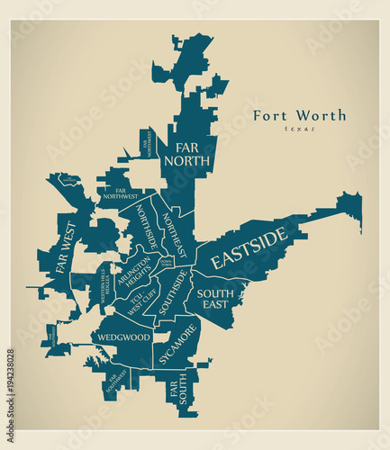 Modern City Map - Fort Worth Texas city of the USA neighborhoods and titles