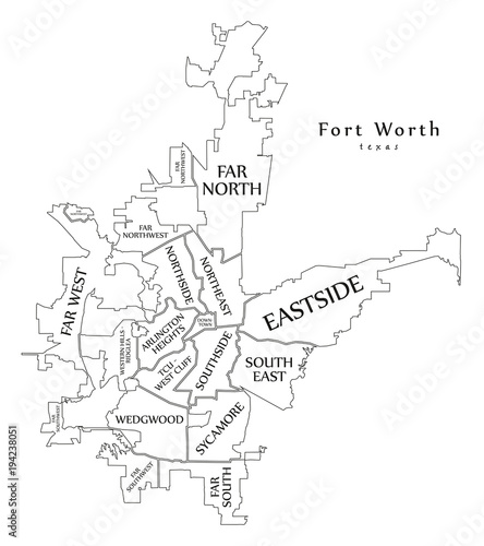 Fort Worth Neighborhoods Map Modern City Map - Fort Worth Texas City Of The Usa Neighborhoods And Titles  Outline Map Stock Vector | Adobe Stock