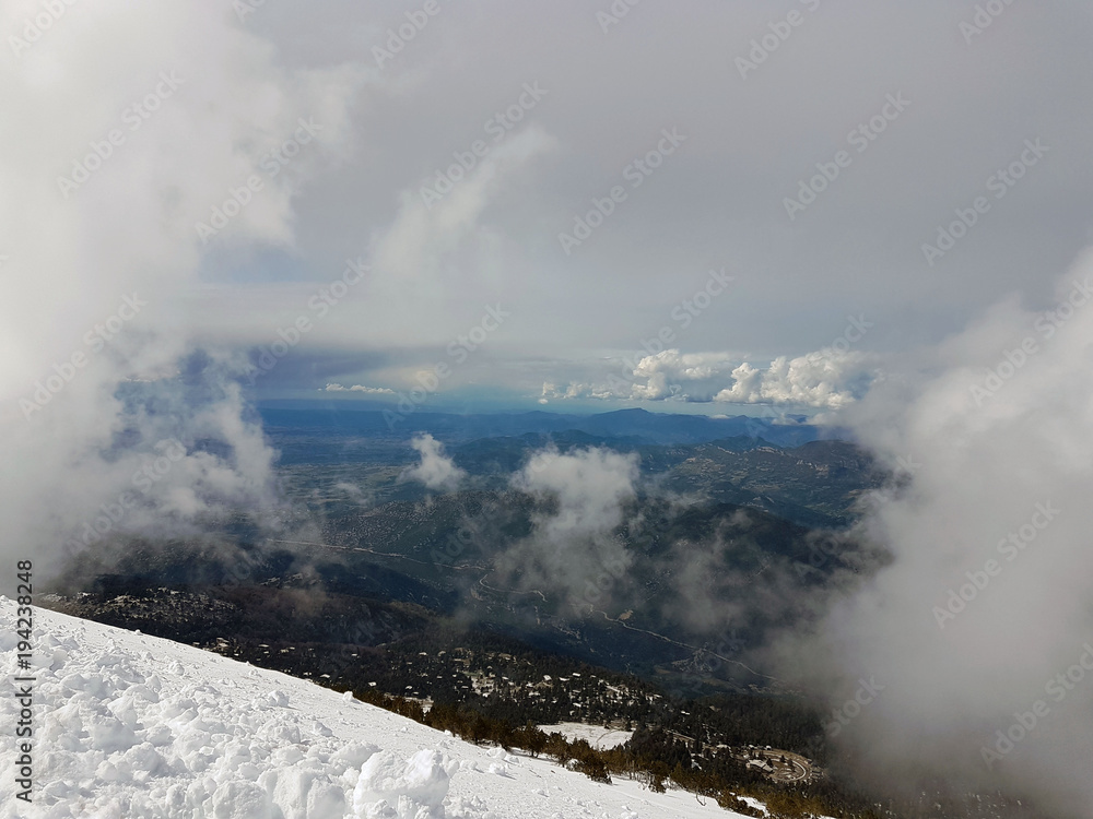 View of the snow-covered mountain Vanteau in the south of France. Snow-covered summit. Winter season. Europe. Place of Tour de France. Winter 2016