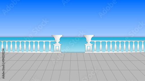 Paper cut out art style vector illustration of camouflaged embankment with antique columns and horizon of azure sea.
