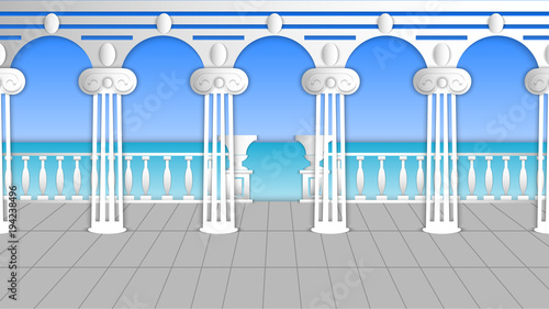Paper cut out art style vector illustration of camouflaged embankment with antique columns and horizon of azure sea.