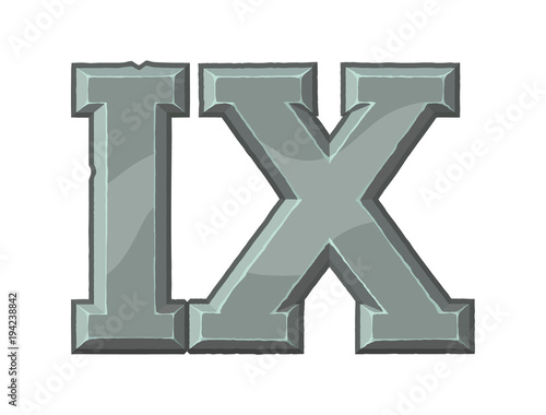 Roman numerals made from rock. Ancient stone carved numbers. Old roman antique alphabet number. Vector flat illustration isolated on white background. Number nine.
