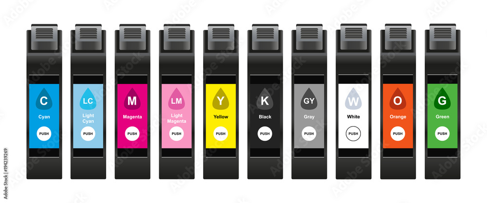Vector illustration of ink cartridges with special inks for a larger range of tones which consist of cyan, light cyan, magenta, light magenta, yellow, black, gray, white, orange and green Vector illustration of ink cartridges with special inks for a larger range of tones which consist of cyan, light cyan, magenta, light magenta, yellow, black, gray, white, orange and green