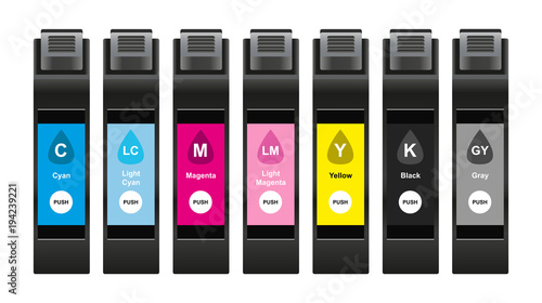 Vector illustration of CMYK ink cartridges with special light inks which consist of cyan, light cyan, magenta, light magenta, yellow, black and gray isolated on white background