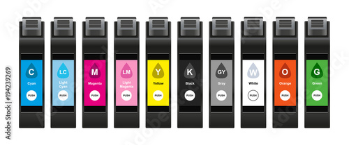 Vector illustration of ink cartridges with special inks for a larger range of tones which consist of cyan, light cyan, magenta, light magenta, yellow, black, gray, white, orange and green