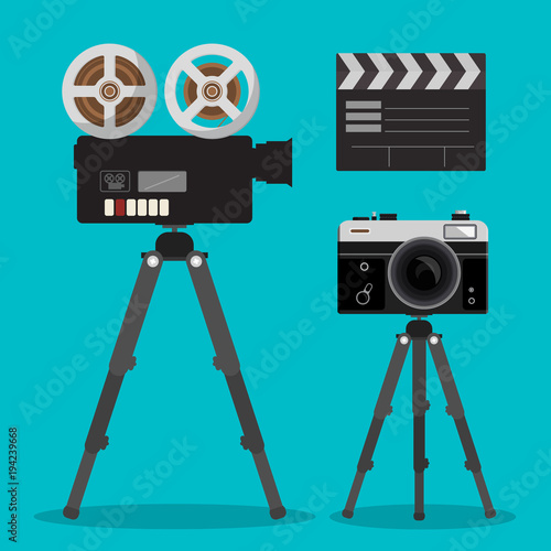 Movie and Photo Film Cameras Set on Tripods. Vector Photography and Movie Devices.