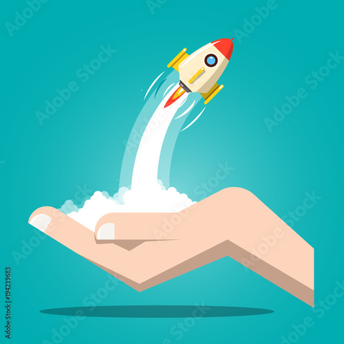 Rocket Launch with Human Hand. Vector Business Startup Symbol.