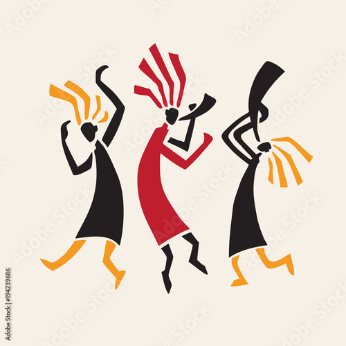 Stylized musicians Dancing figures. Primitive art. Vector illustration.