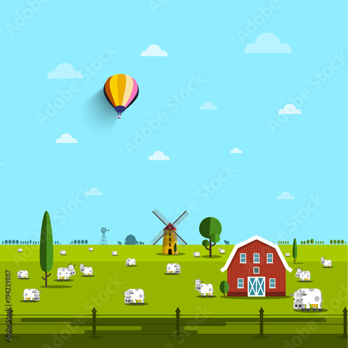 Farm with Cows on Field. Vector Rural Scene.