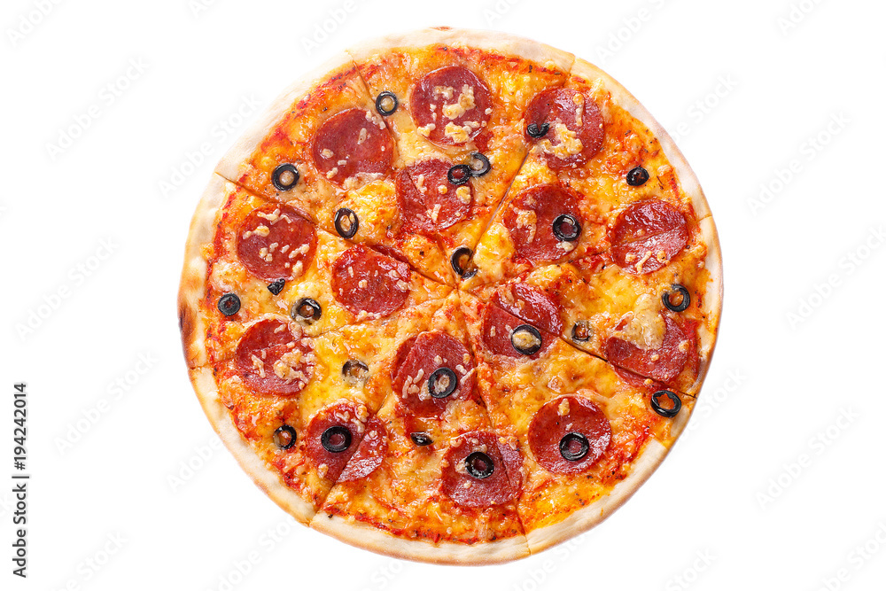 Pizza whole round, cut into pieces, on a white isolated background. Fast food in a pizzeria, a floury cheese product. View from above Pizza whole round, cut into pieces, on a white isolated background. Fast food in a pizzeria, a floury cheese product. View from above