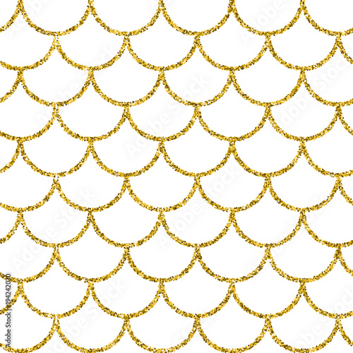 Glitter mermaid tail seamless pattern. Fish scale texture. Tillable background for girl fabric, textile design, wrapping paper, swimwear or wallpaper. White glitter mermaid background with fish skin.