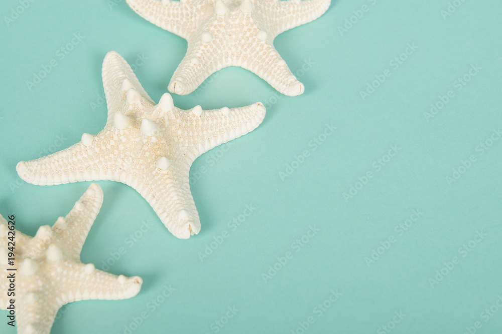 Three white starfish in the left corner on a blue background Three white starfish in the left corner on a blue background