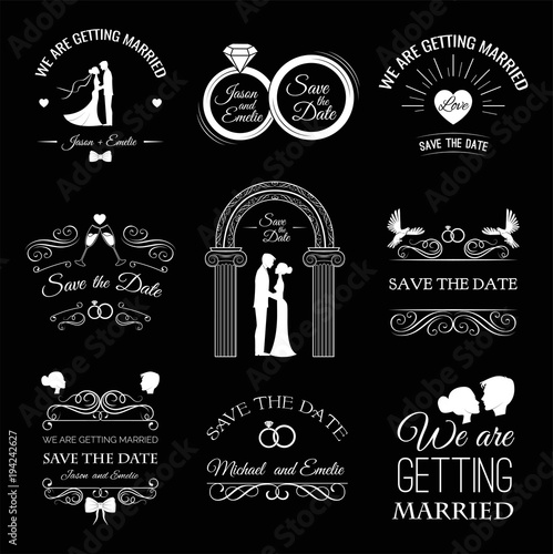 Wedding set Dress, couple, ring, invitation, bride, card, heart, groom, couple silhuette, glasses of champagne. Wedding invitation template. Filigree divider scroll frame.
