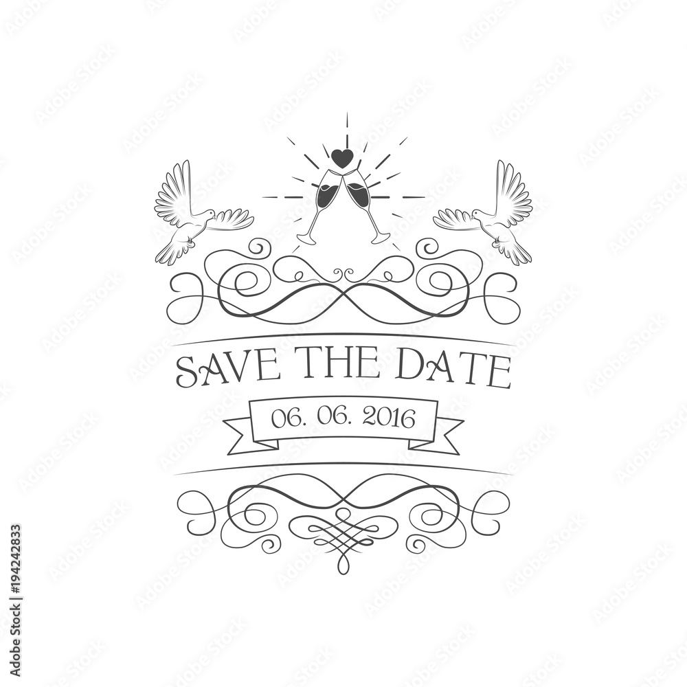 Wedding invitation. Save the date. Dove, pigeon vector illustration. filigree divider vintage Wedding invitation. Save the date. Dove, pigeon vector illustration. filigree divider vintage