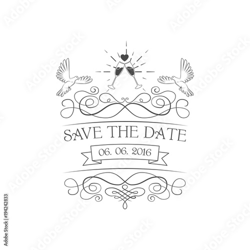 Wedding invitation. Save the date. Dove, pigeon vector illustration. filigree divider vintage
