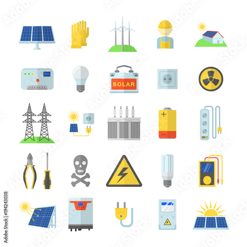 Solar energy equipment icons set, flat style