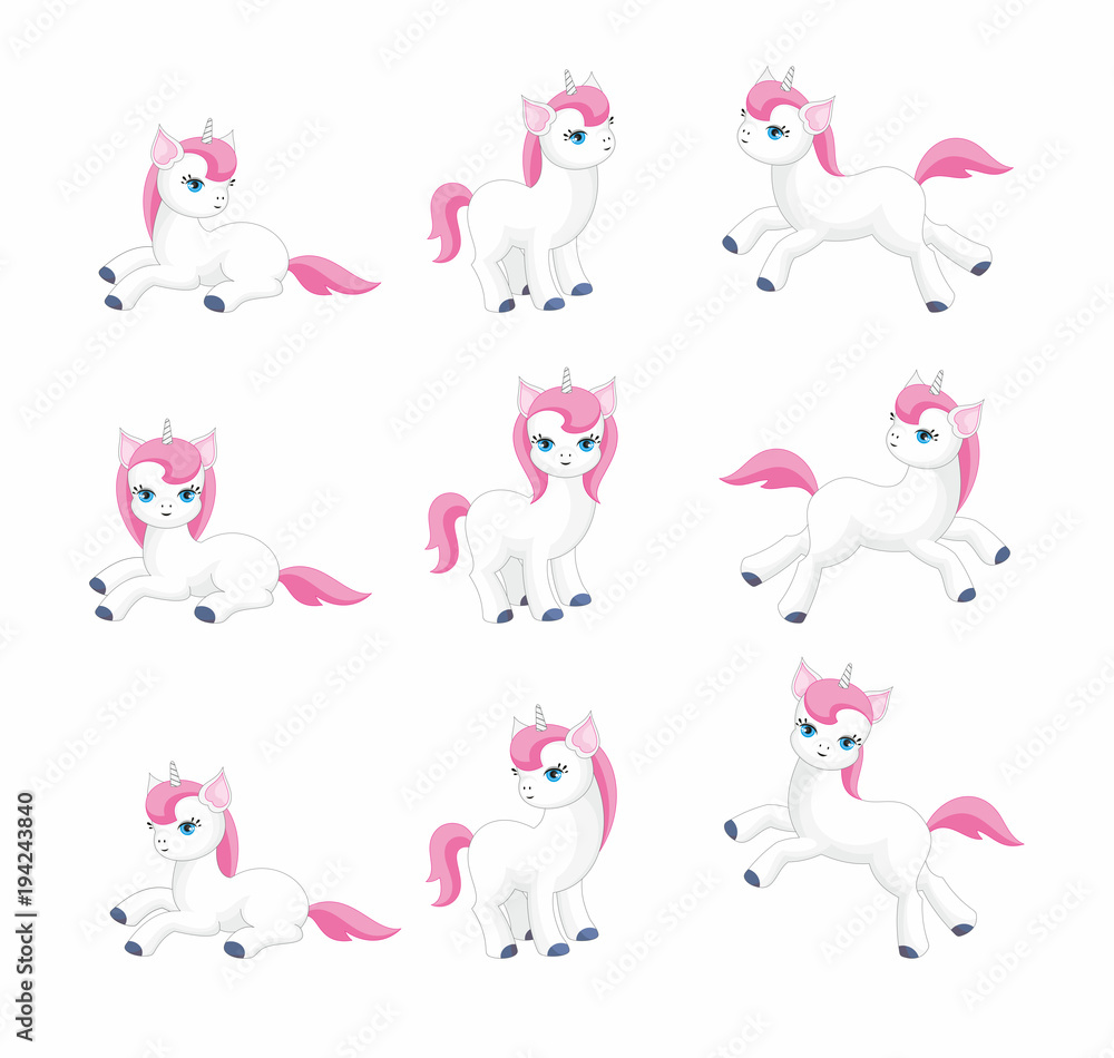 Vector set of beautiful fantastic unicorns. Colorful illustrations isolated on a white background.