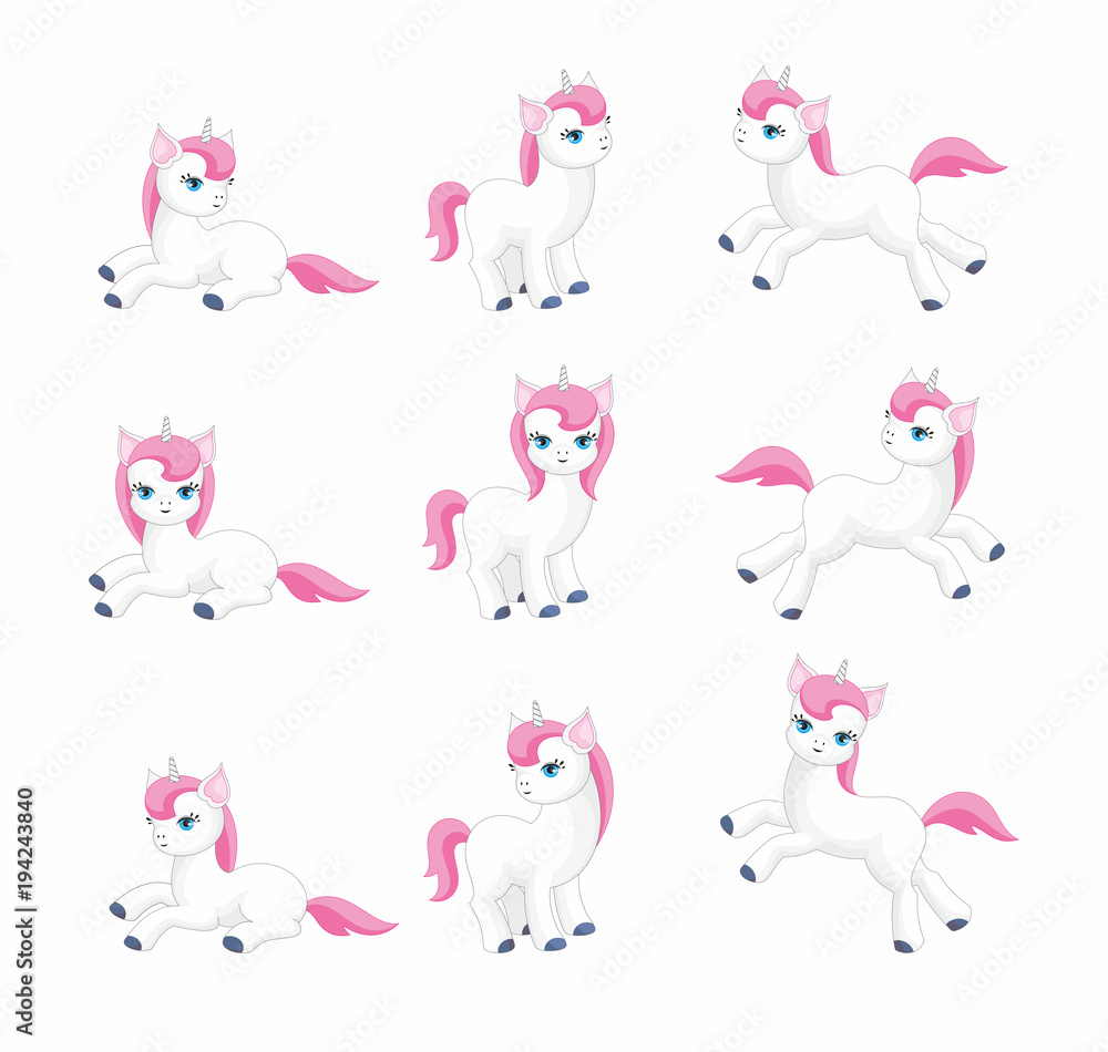 Fototapeta premium Vector set of beautiful fantastic unicorns. Colorful illustrations isolated on a white background.