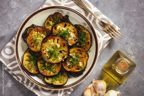 Fried eggplants with garlic and dill.