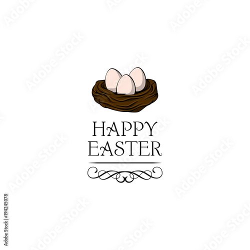 Hand drawn vector illustration. Happy Easter Spring nest with bird eggs. Vector. photo