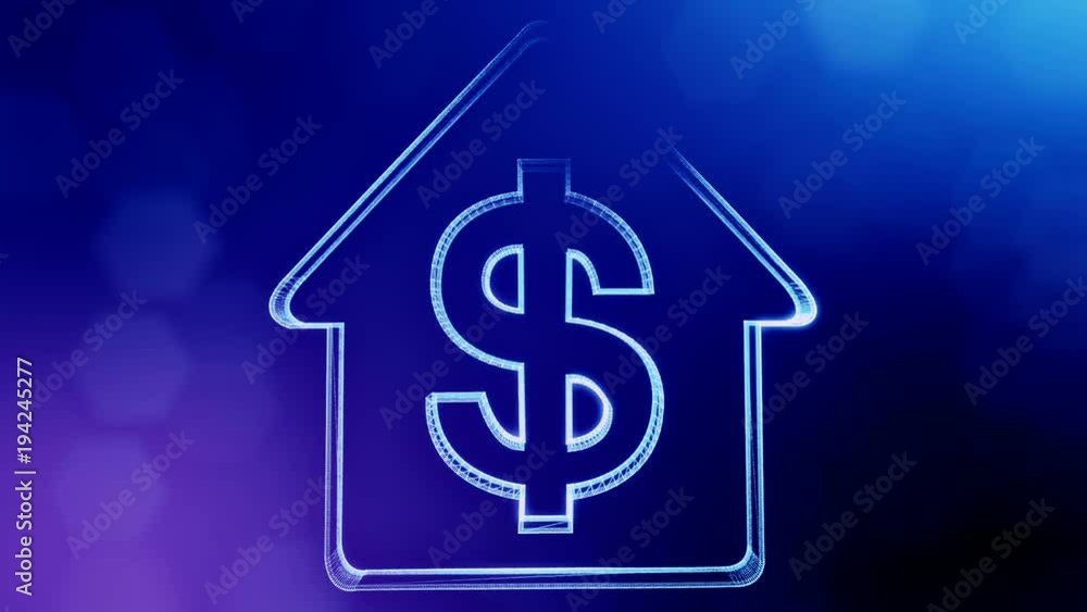 dollar sign in emblem of a house. Finance background of luminous particles. 3D seamless animation with depth of field, bokeh and copy space for your text. blue color v1 dollar sign in emblem of a house. Finance background of luminous particles. 3D seamless animation with depth of field, bokeh and copy space for your text. blue color v1