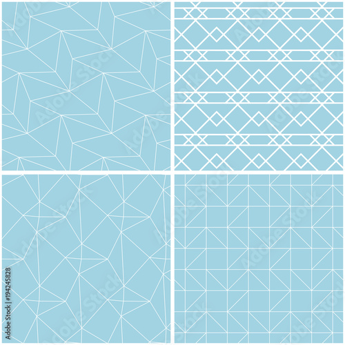 Geometric patterns. Set of blue and white seamless backgrounds