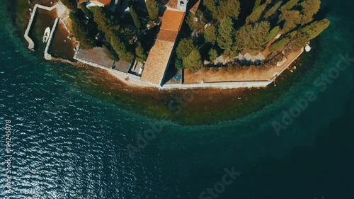 Montenegro,Perast.Flying over Sveti Dorde island at the sea.Aerial drone footage