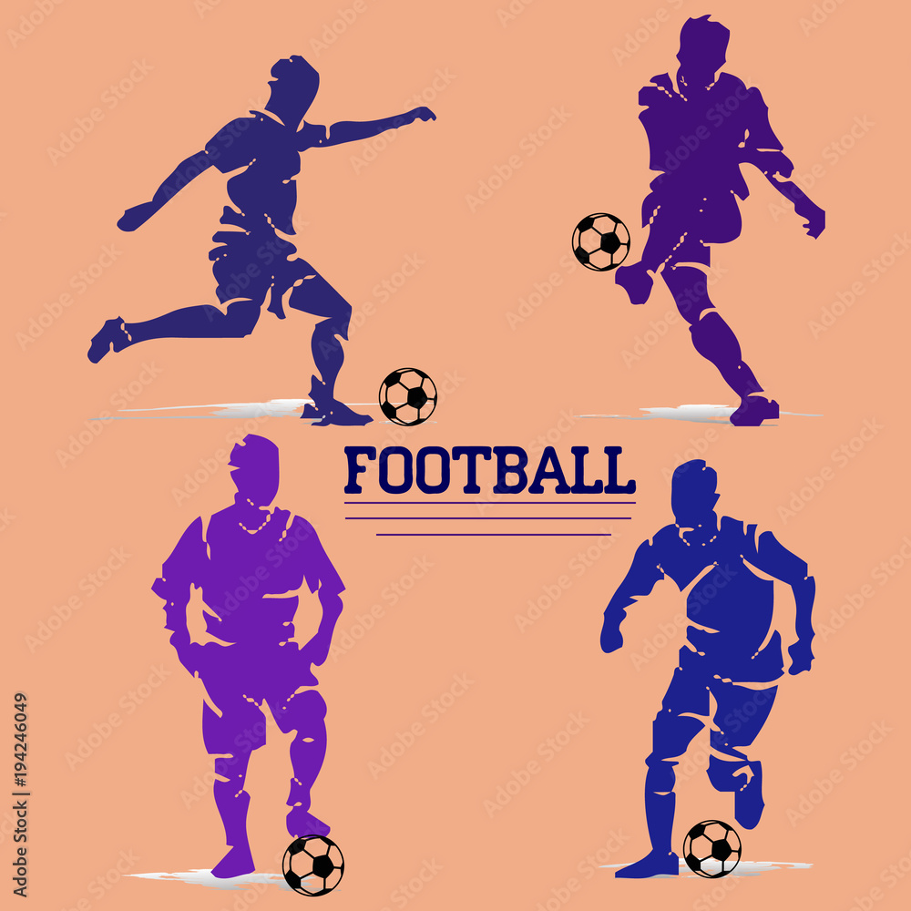 A collection of football players with a ball. Silhouette of a blue violet and lilac color, on a beige background,