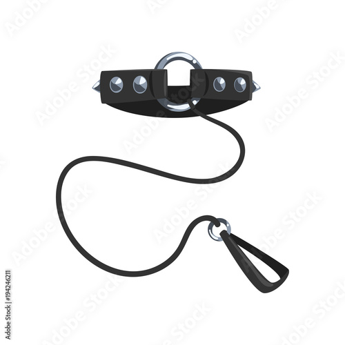 Leather fetish collar with steel spikes and leash, fetish stuff for role playing and bdsm vector Illustration on a white background