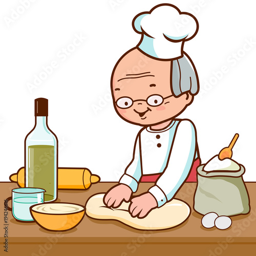 Baker kneading dough and making bread in the bakery kitchen. Vector illustration