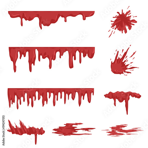 Blood spatters set, dripping blood and stains vector Illustrations on a white background