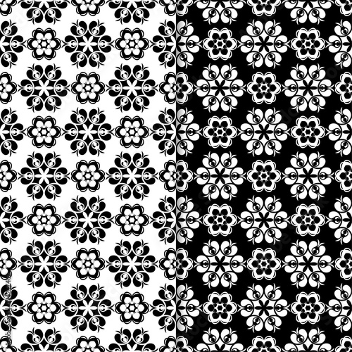 Black and white floral seamless patterns. Set of backgrounds