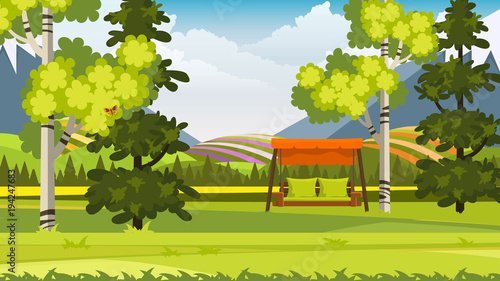 Beautiful Vector Landscape With Garden Swing Chair And Trees,