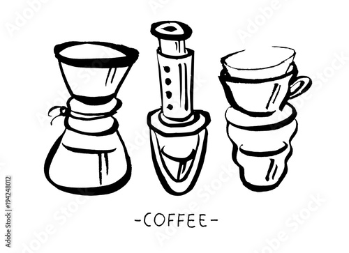 Vector hand drawn illustration set of coffee preparation. Pour over brewer, coffee kettle, french press, moka pot and cezve.