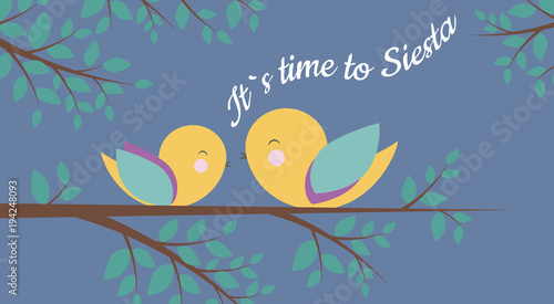 Векторная Иллюстрация со сказочным пейзажем, птичками и фразой " It`s Time to Siesta". Идеально подходит для оформления детских открыток, плакатов, баннеров, книг и других детских штучек.