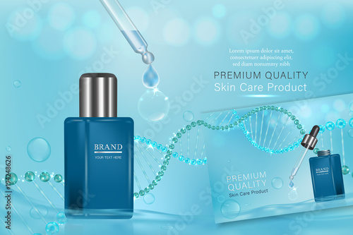 Blue cosmetic container with advertising background ready to use, luxury skin care ad. vector 3d illustration.	