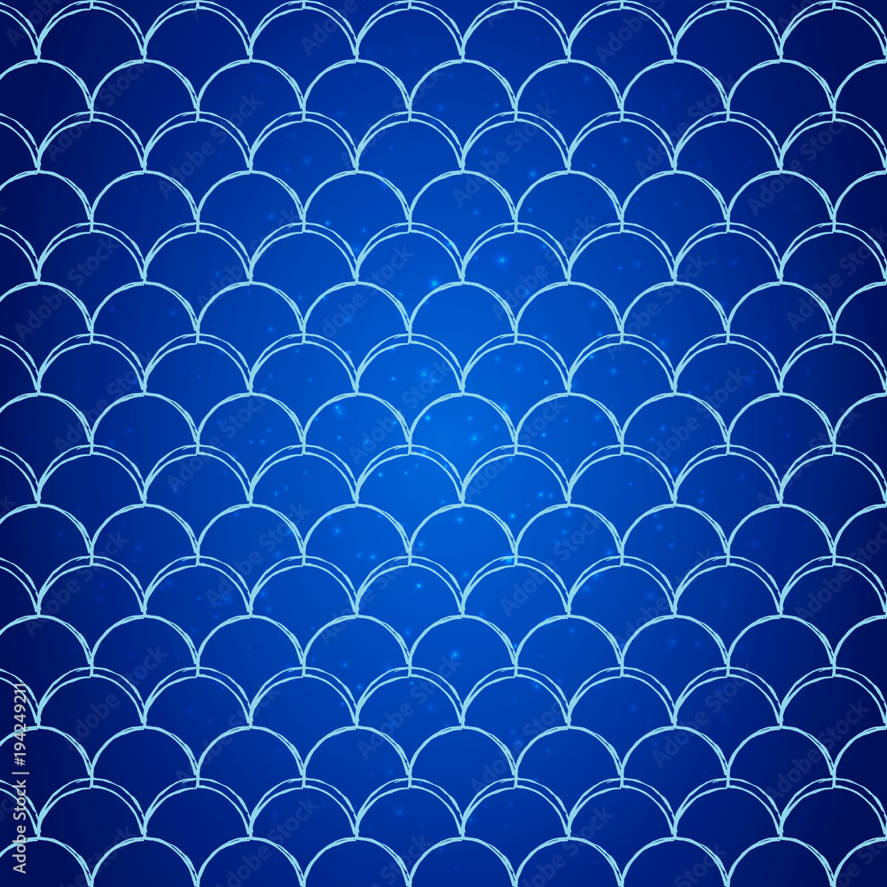 Fototapeta premium Fish skin on trendy gradient background. Square backdrop with fish skin ornament. Bright color transitions. Mermaid tail banner and invitation. Underwater and sea pattern. Deep blue colors.