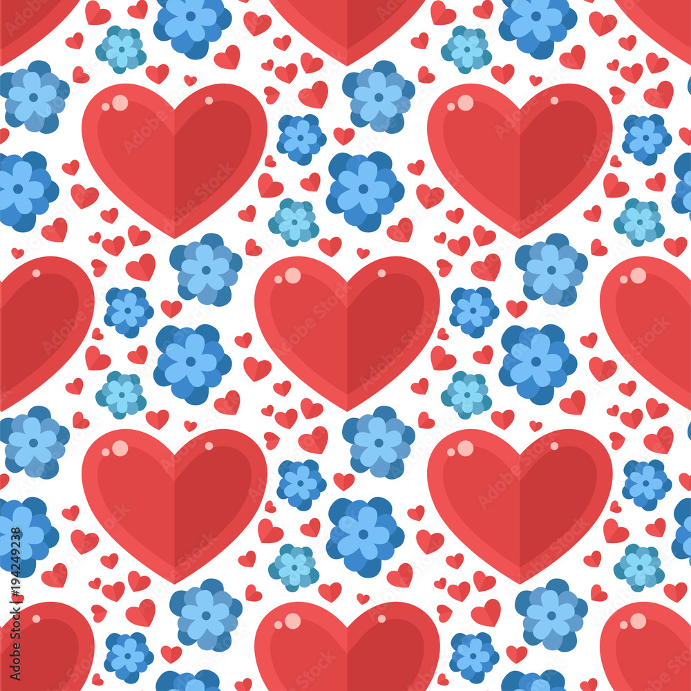Red heart flowers vector seamless pattern background flora color card beautiful celebrate bright emoticon holiday art decoration.
