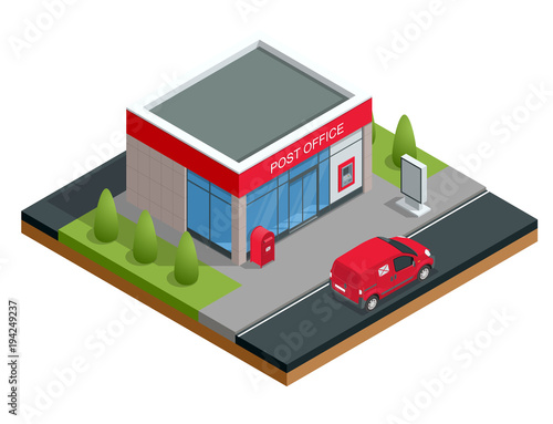 Isometric Building of post office and post car. Correspondence isolated vector illustration