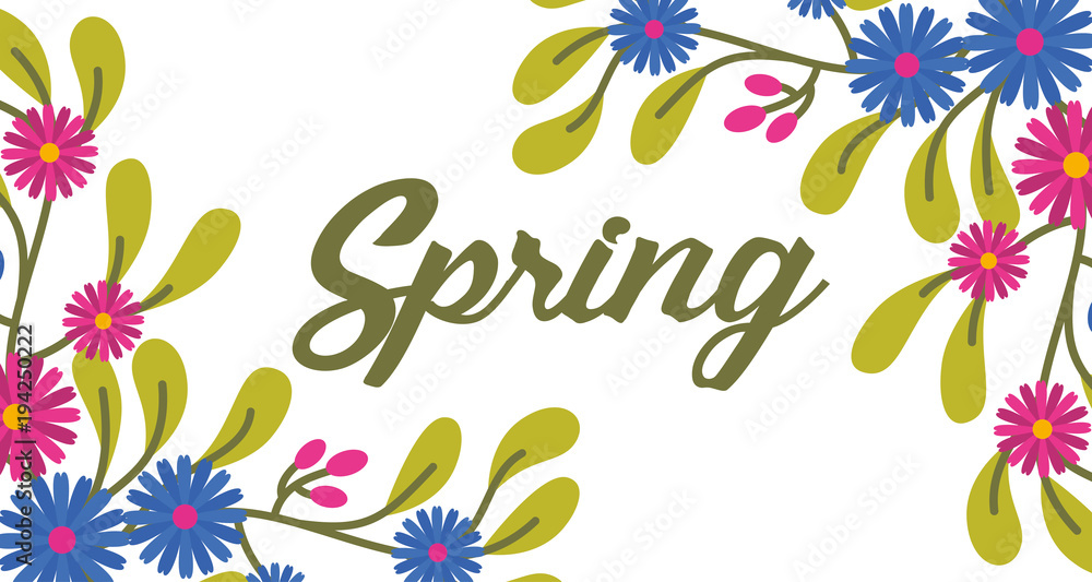 cute floral banner spring word with delicete flowers ornament vector illustration