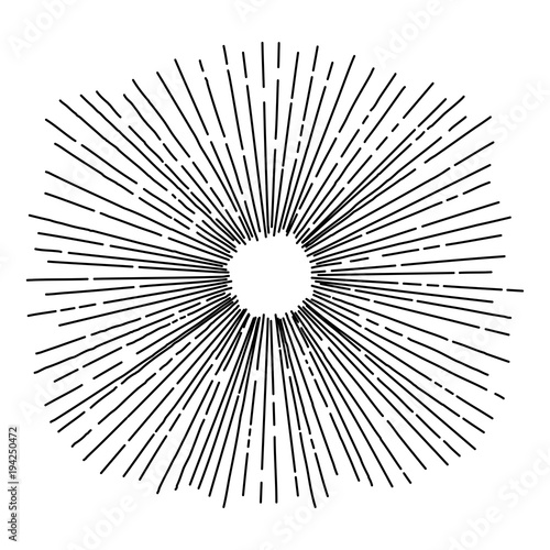 Hand drawn sun rays in vintage style. Isolated objects. Black and white vector illustration. Line drawing. Radial frame.