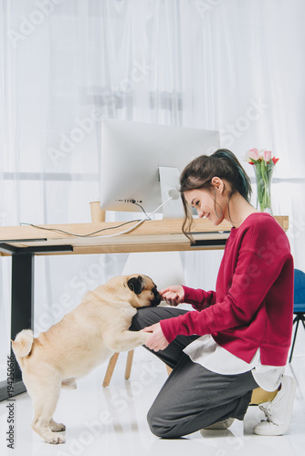 Young woman feeding dog by workspace table