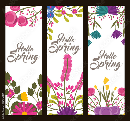 set of vertical floral banners delicate hello spring blossoms leaves and branches vector illustration