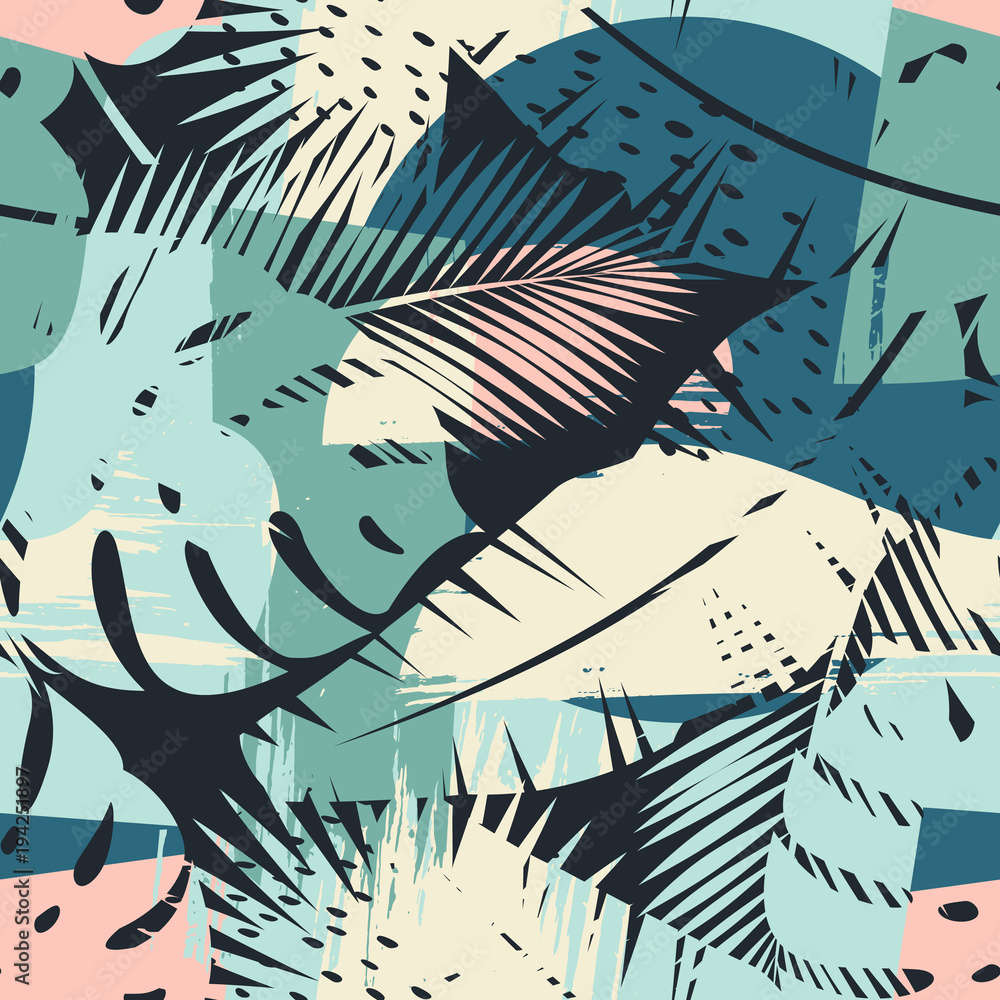 Naklejka Bezszwowy egzotyczny wzór z tropikalnymi roślinami i artystycznym tłem