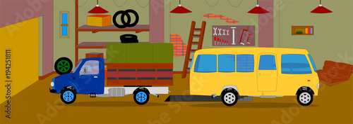 Vector illustration. Animated background of a garage, the garage on the repaired yellow bus and truck