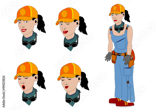 Vector illustration. Animated character girl mechanic. A few facial expressions
